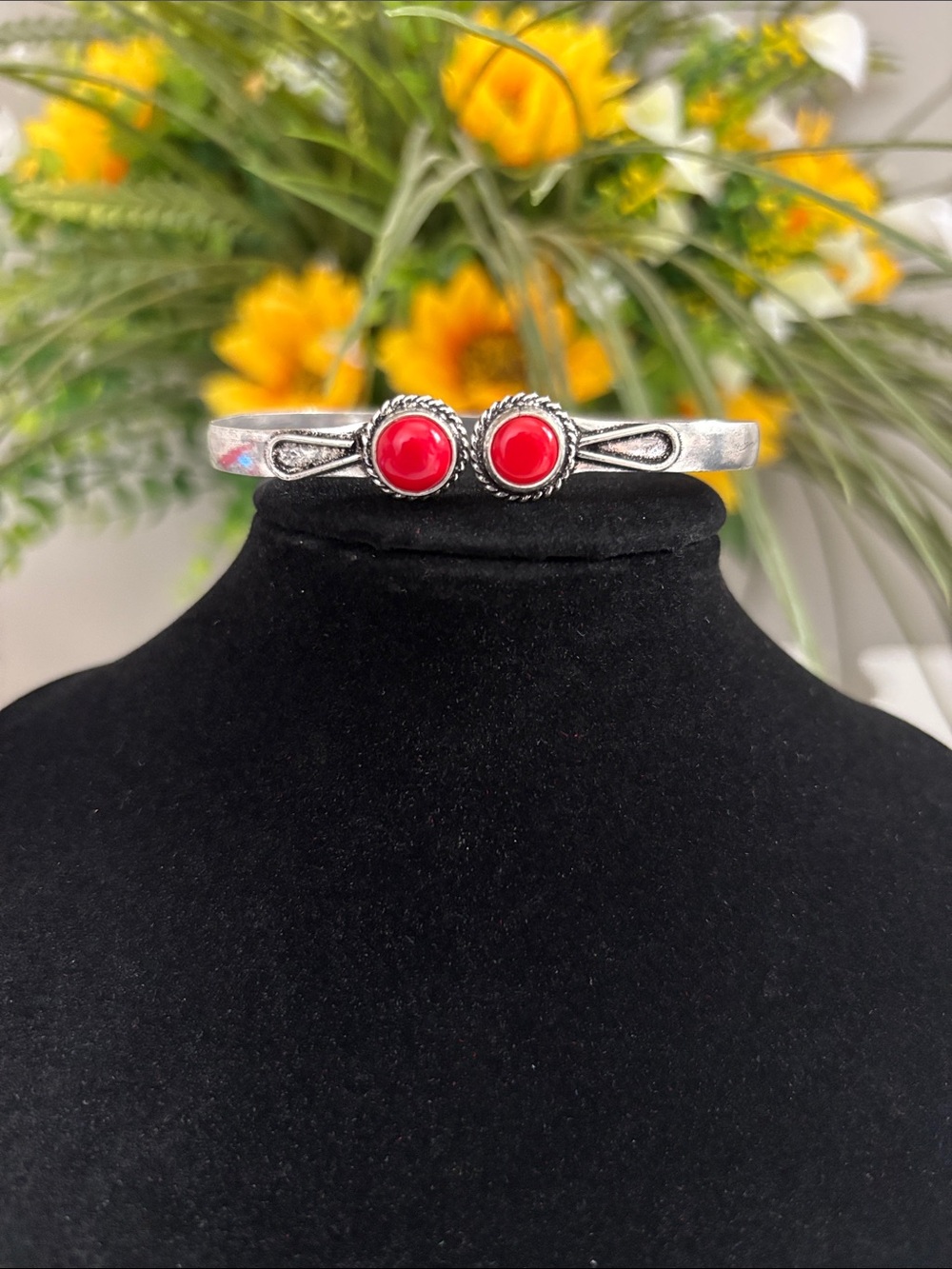 Sterling Silver Cuff Bracelet with Red Coral Gemstones - Adjustable